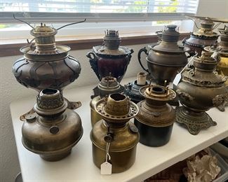 Amazing collection of antique kerosene lamp bases and parts from quality makers like B&H (Bradley and Hubbard)
