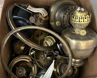 Amazing collection of antique kerosene lamp bases and parts from quality makers like B&H (Bradley and Hubbard)