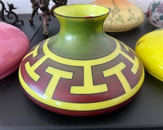 Fantastic and rare antique lamp shade with vibrant geometric pattern in yellow, red, and green. 