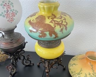 Rare antique B&H Bradley and Hubbard dragon claw foot kerosene lamp with Asian Chinese dragon or lion design shade 