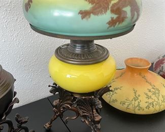 Rare antique B&H Bradley and Hubbard dragon claw foot kerosene lamp with Asian Chinese dragon or lion design shade 