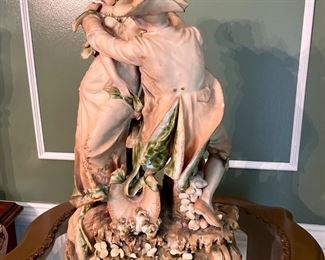 Amphora porcelain Teplitz, Bohemia, Austria.  Statue depicts a romantic couple in a shy embrace.