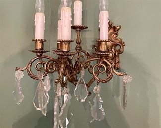 French Royal 5-light Electrified Candle Wall Sconce.  Brass, Star Crystals, and Large Pendeloque Crystals.  