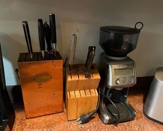 Assorted kitchen knives and knife blocks; Breville coffee grinder/espresso machine