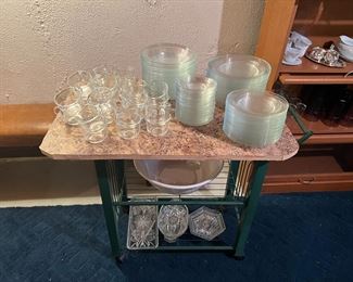 Rolling bar cart, 20+ piece set of Arcoroc France glass plates, salad plates, bowls, mugs