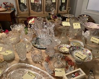 Crystal, decanters, fine china, plates, pitchers, serving bowls and plates, 