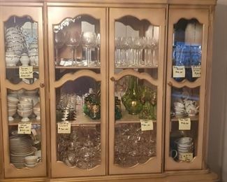 China cabinet, fine china including Crown Western (Germany), Amcrest imperial gold fine china, etc. China made in Japan, France, Germany, England, Czech Republic among other countries. 