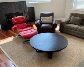 Espresso coffee table, red Eames chair