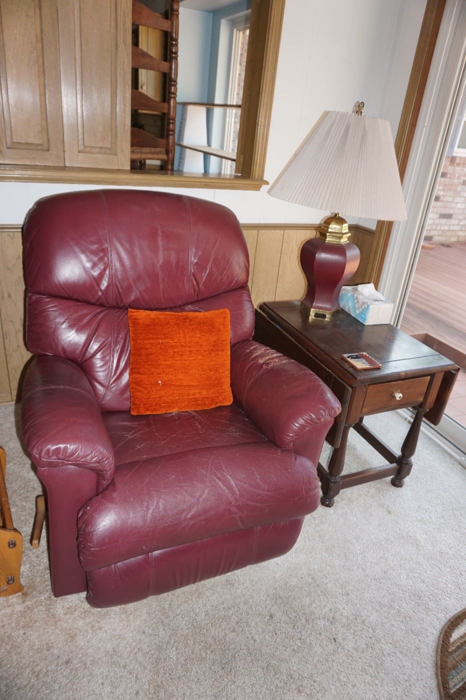 Recliner, lamp, table