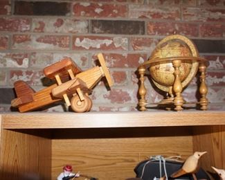 wood airplane, globe