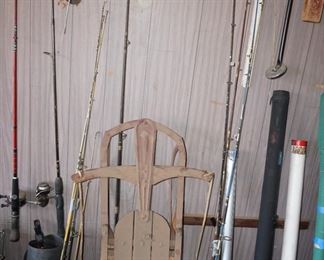 sled, fishing poles