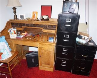 Roll Top desk, file cabinets
