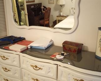 Hollywood regency style dresser with fitted glass for the top