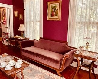 Antique Duncan Phyfe Couch , Antique Lyre Coffee Table, Matching Accent/Side Tables, Spanish American War Era Soldier Saying Good Bye To His Family Print