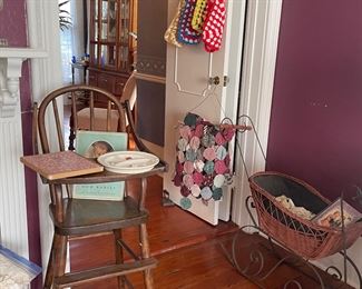 Baby Doll Wicker Metal Sleigh Victorian Decor Christmas Sleigh, Rustic Bentwood Antique High Chair