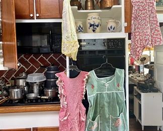 Vintage Copper Teapots & Copper Watering Can, Vintage Marshall Pottery, Vintage Aprons