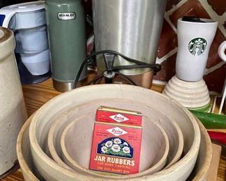 Antique Crock Bowls, Vintage Tricolator Coffee Pot, Stanley Heavy Duty Stainless Thermos