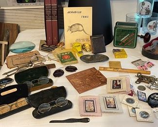 Vintage Glasses, Centennial History of Texas A&M 1876-1976, Old War Rations Book, Ducks Unlimited Remington 12 gauge Shotgun Shells in Tin