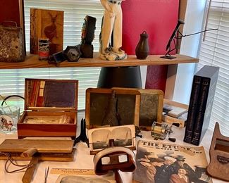 Old Bell, Vintage Whittemore No. 10 Cotton Carder Wool Brush, Antique 19th Century Stereoscoptican Slide Viewer with Slides