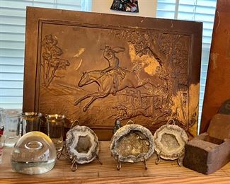 Geodes, Old Paperweight, Vintage Copper Relief Wall Hanging Fox Hunter 