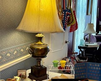 Heavy Brass Lamp, Vintage Slag Glass Miniatures, Coin Folders, Miniature Amberina Reamer