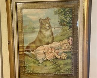 Antique Framed 1911 Dog/Victorian Girl Lithograph by James Lee 