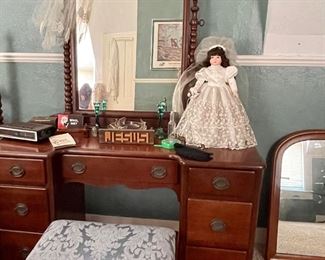 Antique Vanity with Mirror and Bench