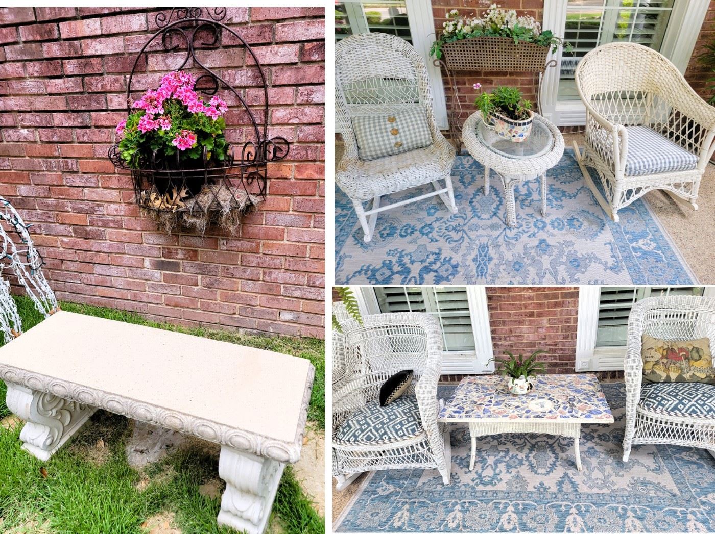 Patio Furniture and Decor: Iron planters, White wicker rocking chairs and side tables, outdoor rugs, cement bench, live plants