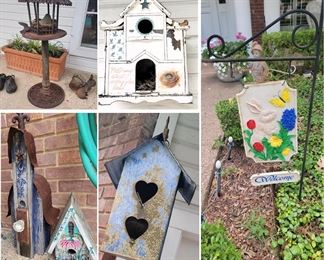Patio decor: bird houses, iron bird decor, Welcome sign, terra cotta planters