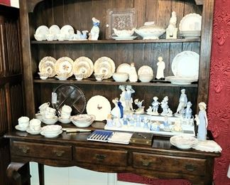 Fabulous Welsh Cabinet with pink and white Haviland Limoges plates and tea cups. Lladro figurines