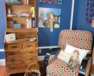 Lane Recliner chair, secretary shelf, colorful canvas prints