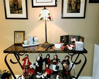 Antique wall decor, Williamsburg carolers, mosaic entry table, stain glass parlor lamp