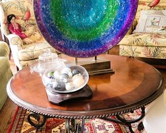 Large mosaic decor, Round top iron base coffee table, rugs