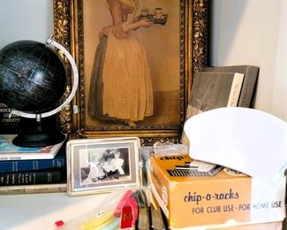 Antique art, retro poker chips and cards, globe