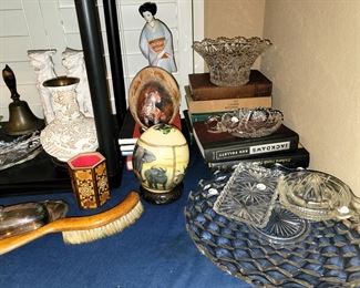 Scrimshaw vase, painted ostrich eggs, American Brilliant and crystal