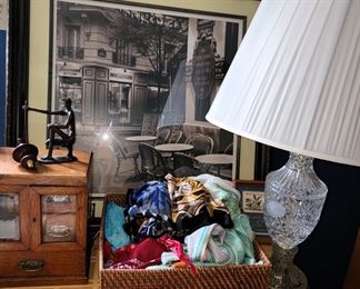 Silk scarves, crystal lamp, and jewelry box