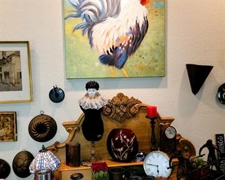 Clocks, China head doll, rooster painting