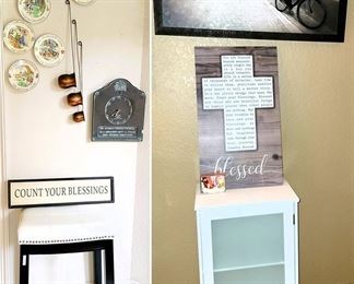 Upholstered top stool, small storage, framed art