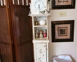 Wood room divider, "clock" shelf, metal framed art