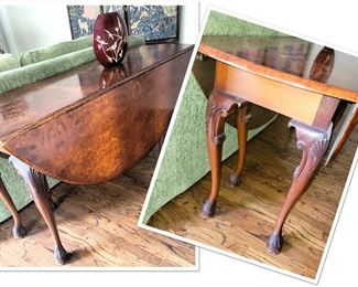 Burled wood entry table with drop leaves