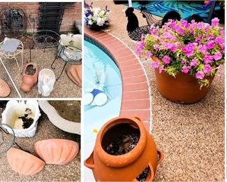 Terra cotta planters, roosters, live plants, garden decor