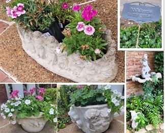Cement planters, fountain and decor