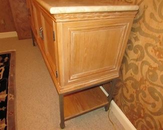 Item 5: Lexington Furniture (Made in USA) blondewood, painted metal, and travertine top sideboard. 6’ long x 20” deep x 39” tall. PRICE: $750.00