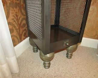 Item 8: Ornate metal and glass étagère (with wooden bottom panel). Has three glass shelves. 77” tall x 16” deep x 17.5” at widest points. PRICE: $650.00