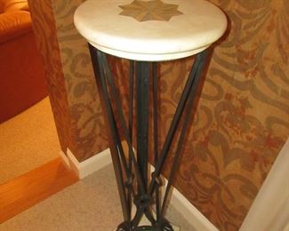 Item 9: Tessellated marble and patinated metal pedestal. “Made in Philippines” label to underside. 41.5” tall x 14” diameter at top. PRICE: $225.00