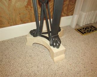 Item 9: Tessellated marble and patinated metal pedestal. “Made in Philippines” label to underside. 41.5” tall x 14” diameter at top. PRICE: $225.00