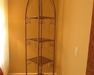 Item 10: Gilt and silvered metal 4-tier étagère with Gothic flair. 90” tall x 17.5” wide x 17.5” deep. PRICE: $695.00
