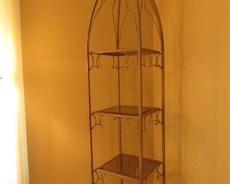 Item 10: Gilt and silvered metal 4-tier étagère with Gothic flair. 90” tall x 17.5” wide x 17.5” deep. PRICE: $695.00