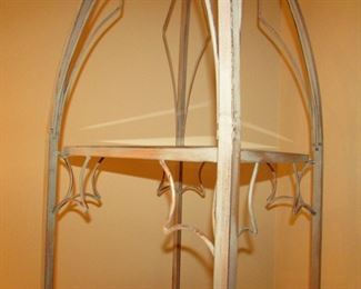 Item 10: Gilt and silvered metal 4-tier étagère with Gothic flair. 90” tall x 17.5” wide x 17.5” deep. PRICE: $695.00