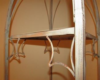 Item 10: Gilt and silvered metal 4-tier étagère with Gothic flair. 90” tall x 17.5” wide x 17.5” deep. PRICE: $695.00